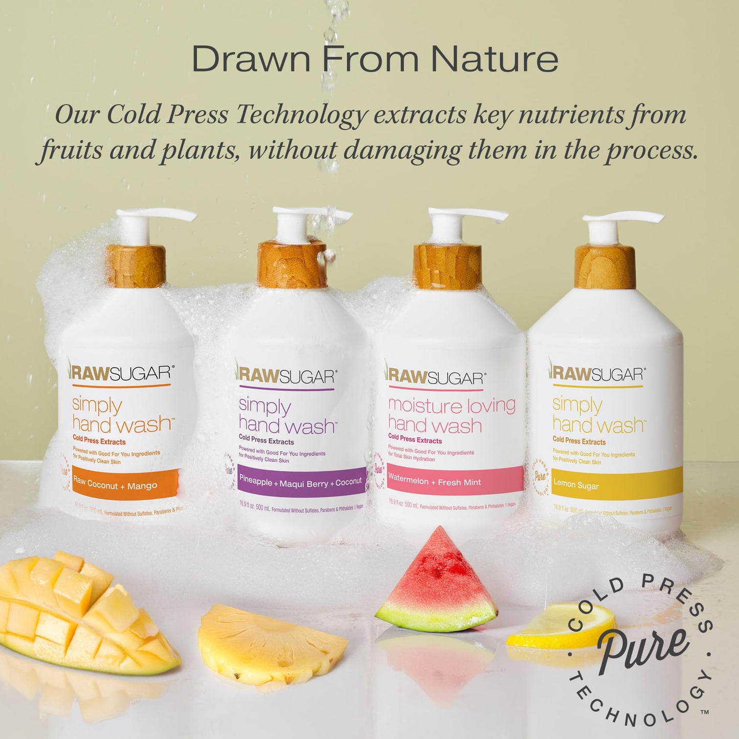 RAW SUGAR Hand Wash Variety Bundle - Lemon Sugar, Watermelon + Fresh Mint, Pineapple + Maqui Berry + Coconut & Raw Coconut + Mango, Formulated without Sulfates & Parabens (16.9 fl. oz, Pack of 4)