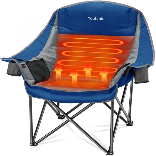Youtanic Oversized Extra Large Heated Padded Camping Chair up to 500lbs, 3 Heat Levels Camp Chair with Carry Bag, Outdoor Heating Folding Chairs for Adults, Fishing, Sports, Picnic, Gray-Blue