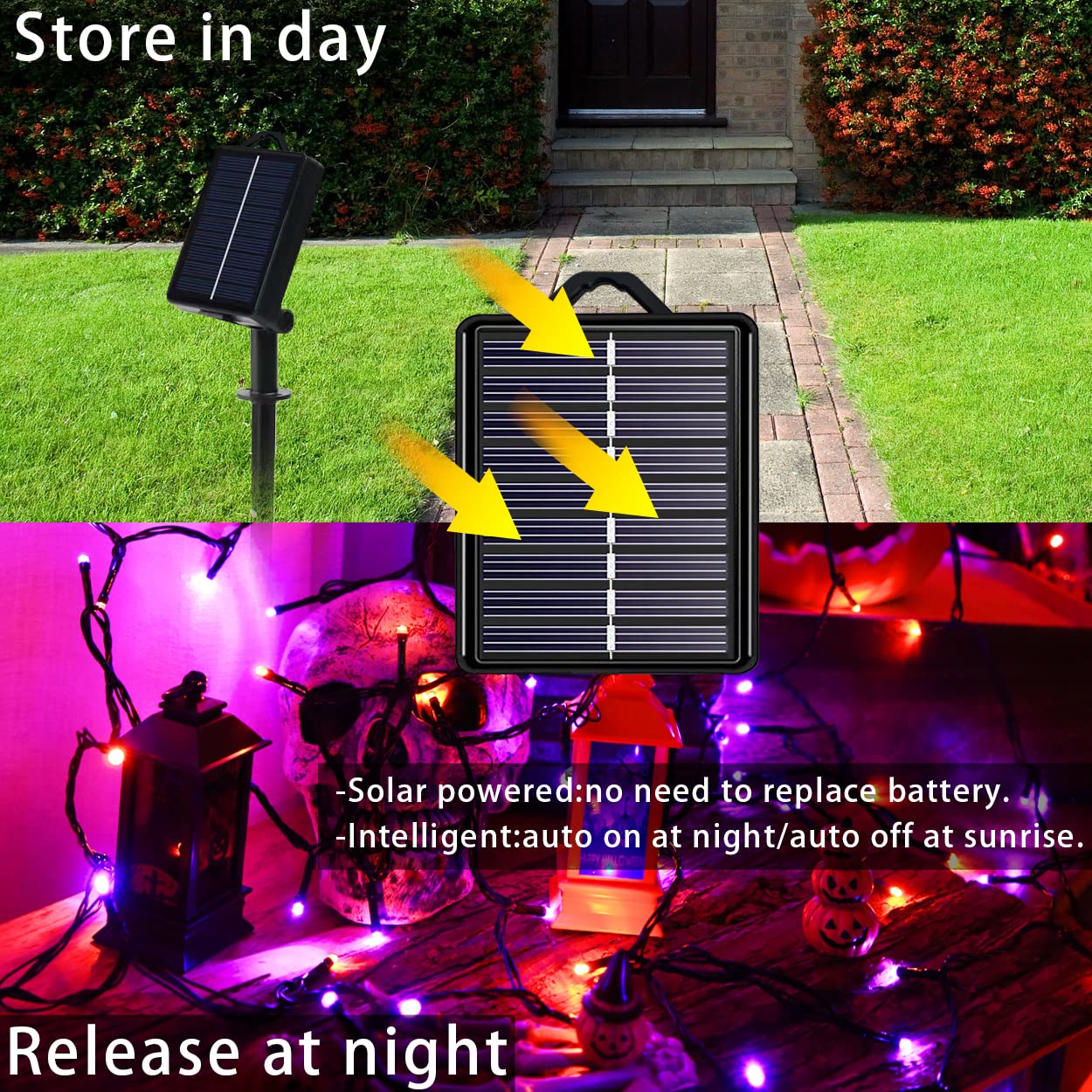 Halloween Decorations Outdoor Solar String Lights Orange & Purple, Outside 2Pack Total 144ft 400 LED 8 Modes with Timer, IP44 Waterproof Spooky Gothic Lights for Party, Patio, Tree, Garden Decor