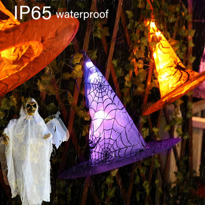 Battery Operated Halloween Lights Witch Hat Decoration,8 Pack Orange and Purple Hanging Lighted Hats with 56 LED Warm White Lights with Remote, Floating Witch Hat Light for Indoor Outdoor Decoration