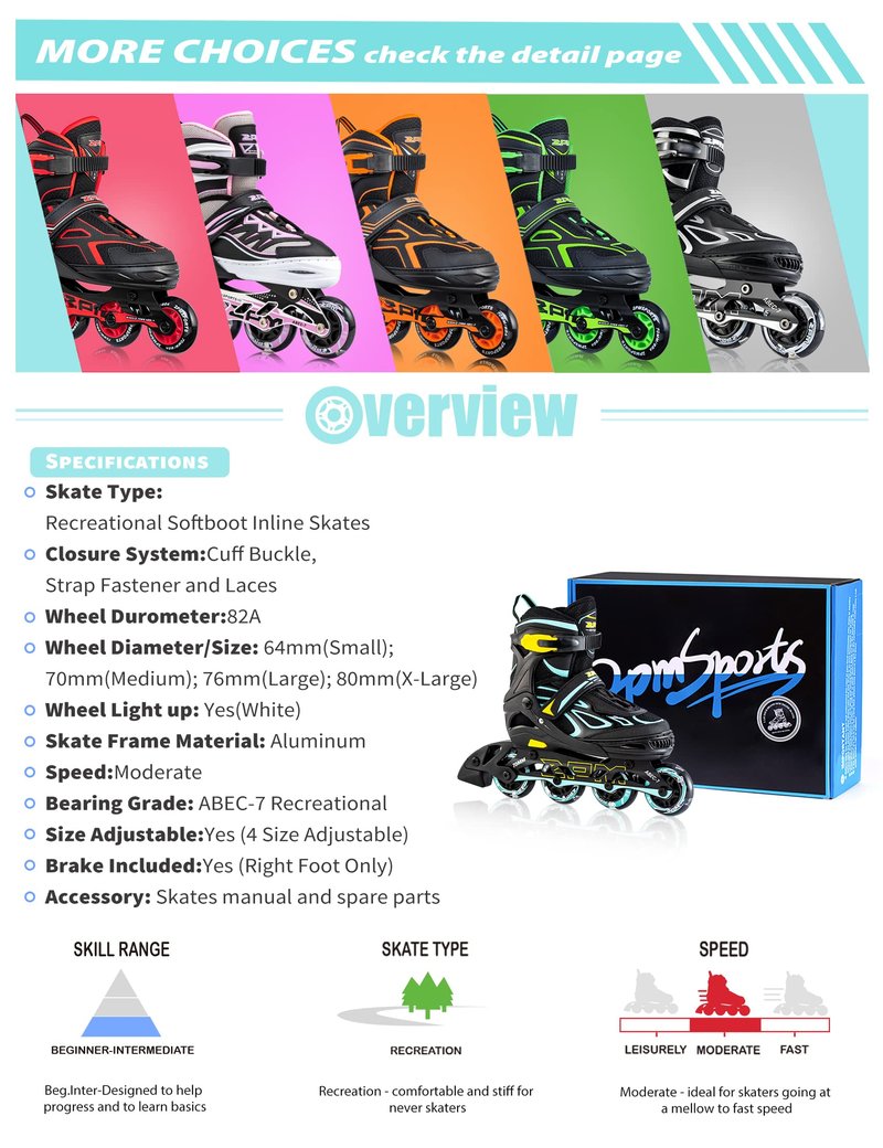 2PM SPORTS Vinal Girls and Boys Adjustable Flashing Inline Skates, All Wheels Light Up, Fun Illuminating for Kids and Women- Cyan M