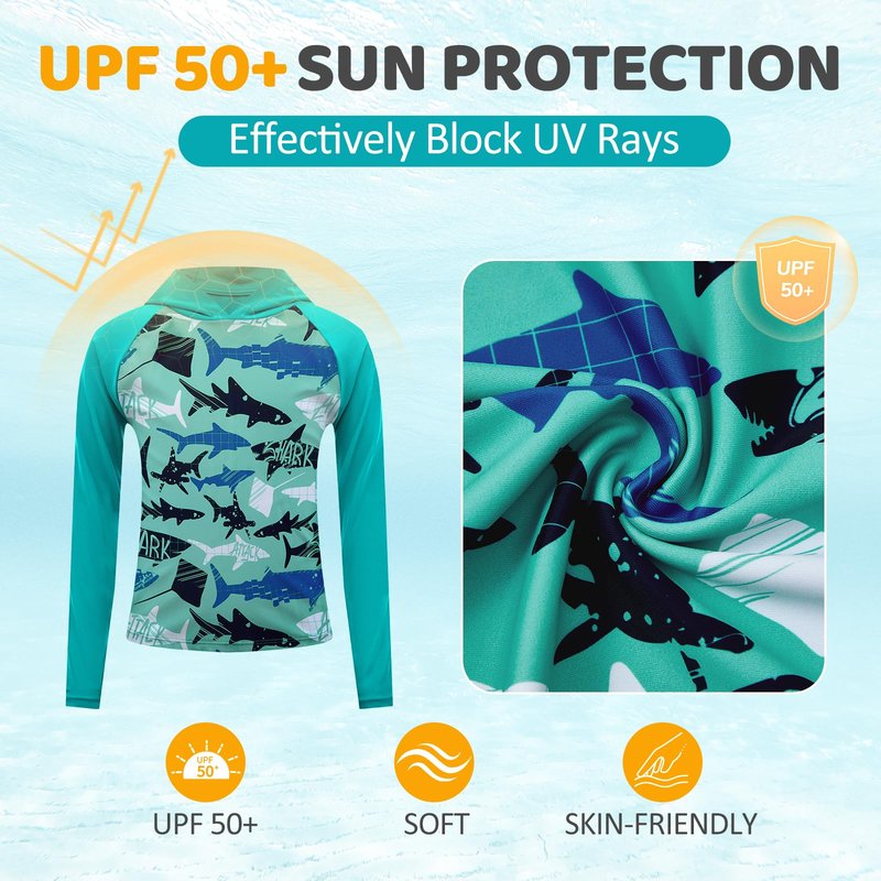Boys Rash Guard Swim Shirts Toddler Kids Long Sleeve Hoodie UPF 50+ Sun Protection Swim Top Fishing Shirt with Thumb Hole Lake Blue Shark 3-4T