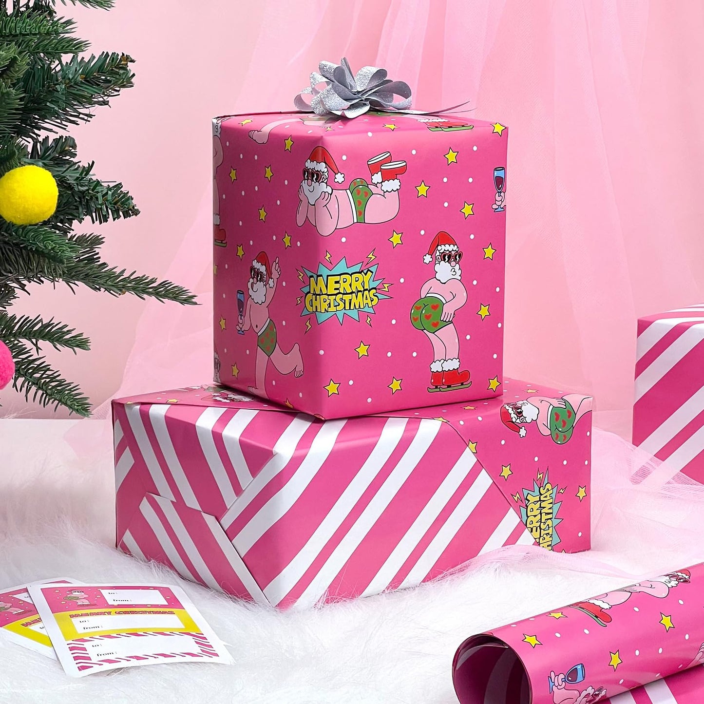 EWES Funny Christmas Wrapping Paper Pink Set Rolls Santa Claus For Kids Cute Reversible Cartoon Thick Gift Wrap Sheets Unique Heavy Duty Fun Total 28.5sq.ft