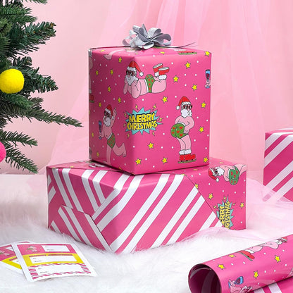 EWES Funny Christmas Wrapping Paper Pink Set Rolls Santa Claus For Kids Cute Reversible Cartoon Thick Gift Wrap Sheets Unique Heavy Duty Fun Total 28.5sq.ft