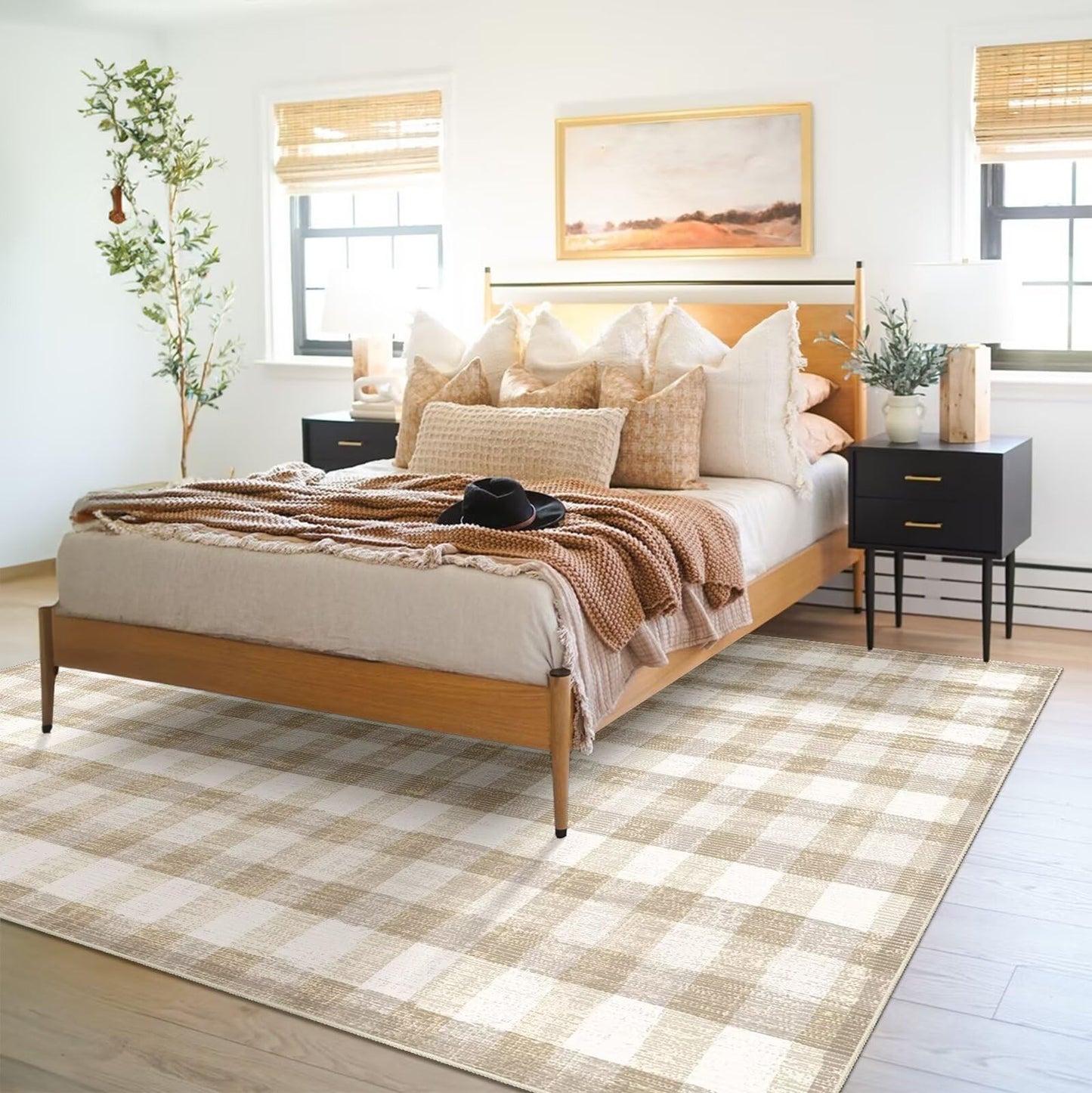 COLORPAPA Checkered Area Rug 5x7, Washable Rugs for Living Room, Modern Neutral Non Slip Indoor Carpet for Bedroom Office Patio Dining Room (Beige)