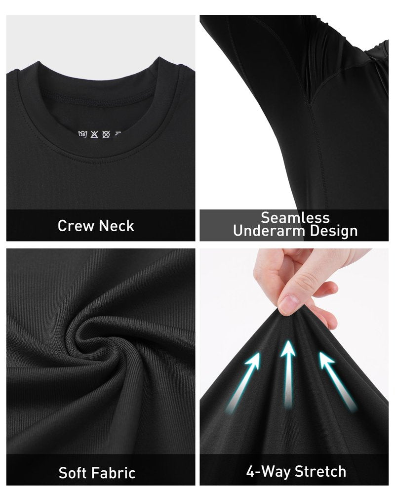 Roadbox Mens Compression Shirt, Cool Dry Long Sleeve Workout Shirts, Running Athletic Football Gym Base Layer Tops UPF 50+ Black