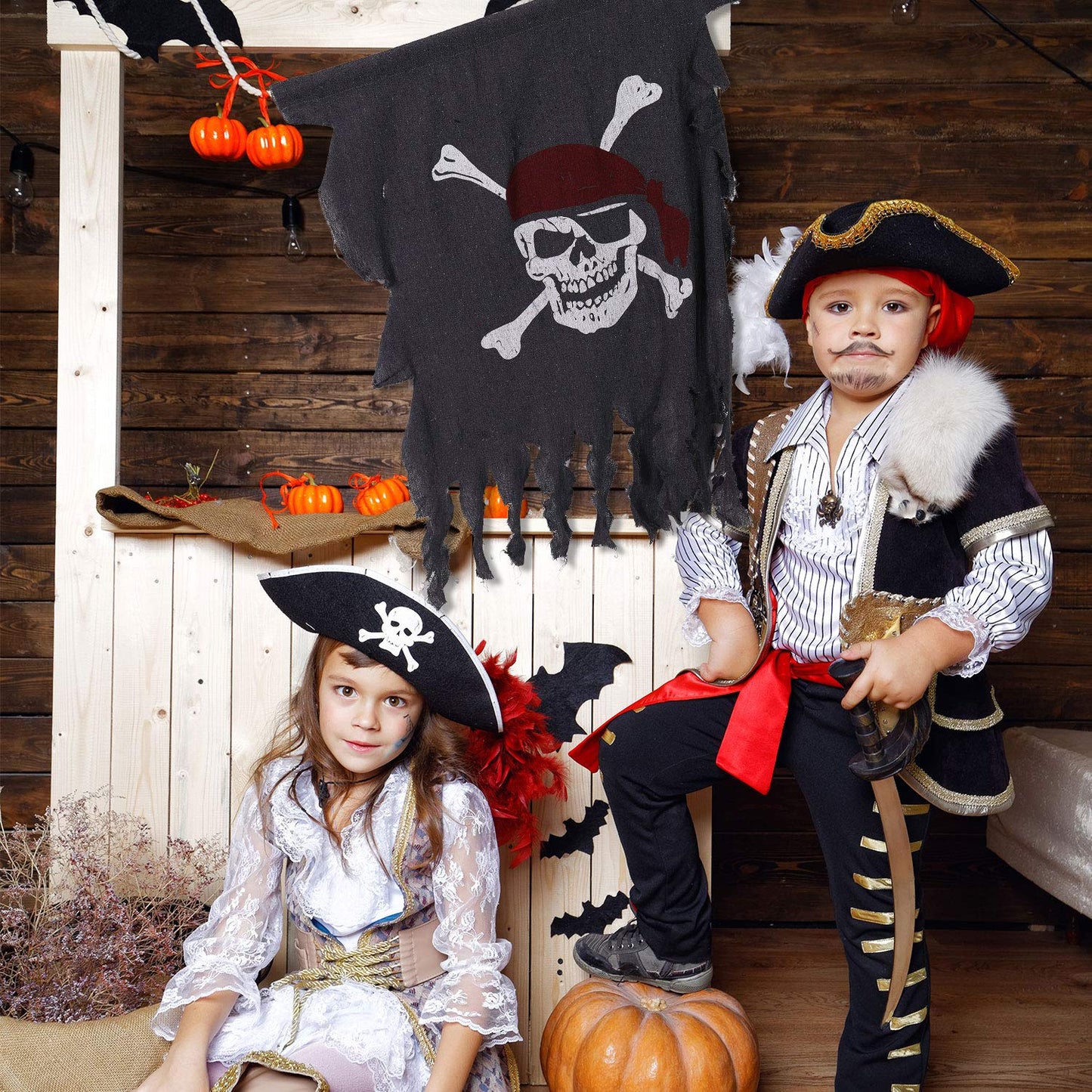 Tatuo 2 Pieces Pirate Flag Halloween Pirate Party Decorations 3 x 2.5 Feet Weathered Retro Creepy Ragged Jolly Roger Flag Skull Bones Banner for Halloween Party Decorations, Kids Room Decor