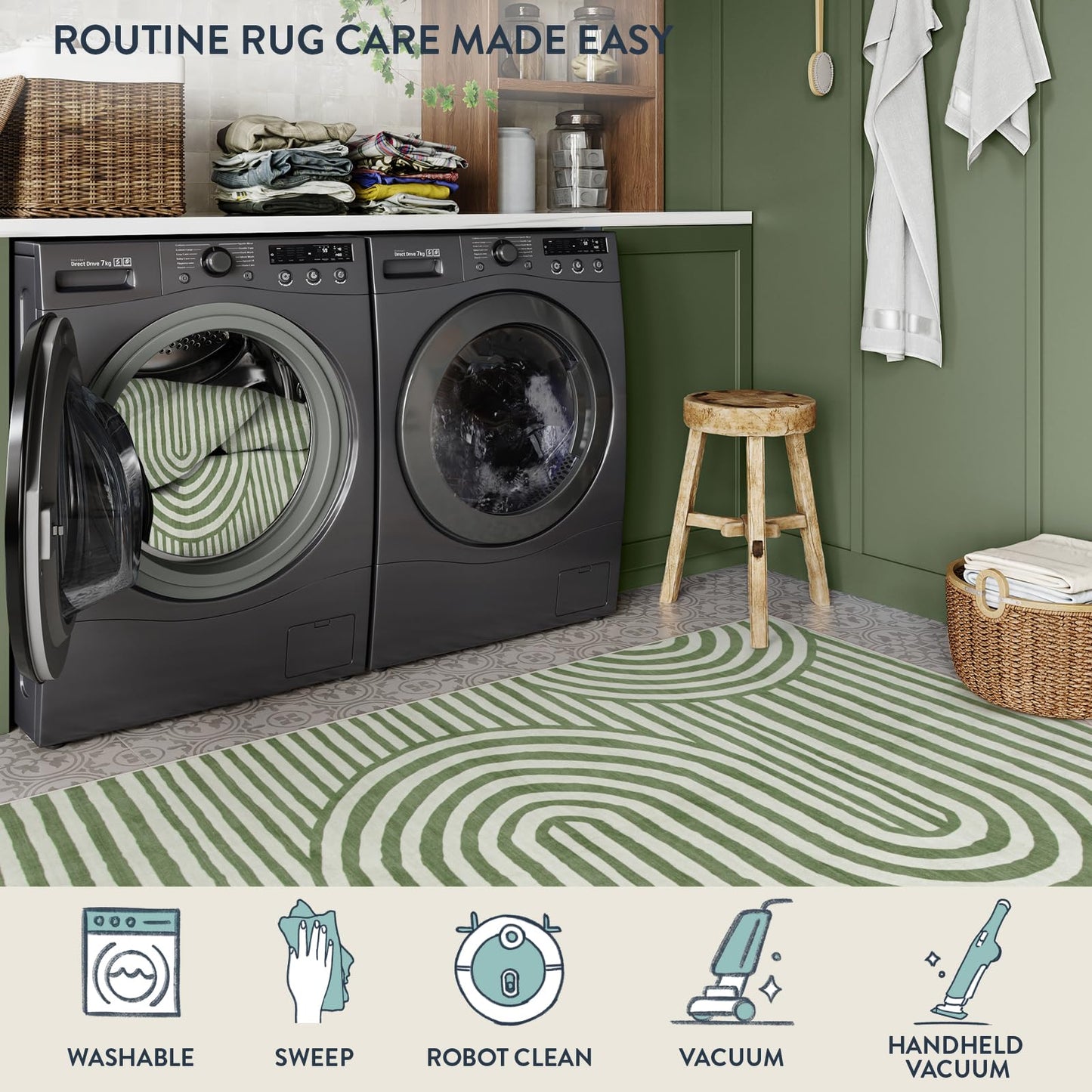 Lahome Green Washable Rug 5x7, Soft Kids Bedroom Rug Mid Century Modern Area Rugs for Living Room, Non-Slip Ultra-Thin Stain Resistance Abstract Rug for Nursery Large Playroom Office Alba(5'X7',Green)