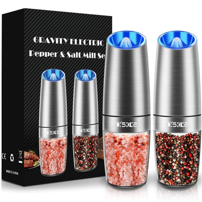 Gravity Electric Pepper and Salt Grinder Set, Salt and Pepper Mill & Adjustable Coarseness, Battery Powered with LED Light, One Hand Automatic Operation, Stainless Steel (Set/Silver)