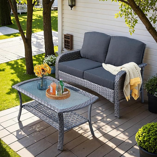 HOOOWOOO Patio Furniture Set,Outdoor High Back Loveseat Set,All Weather Wicker 2-Seater-Sofa Love Seat with Table,Black