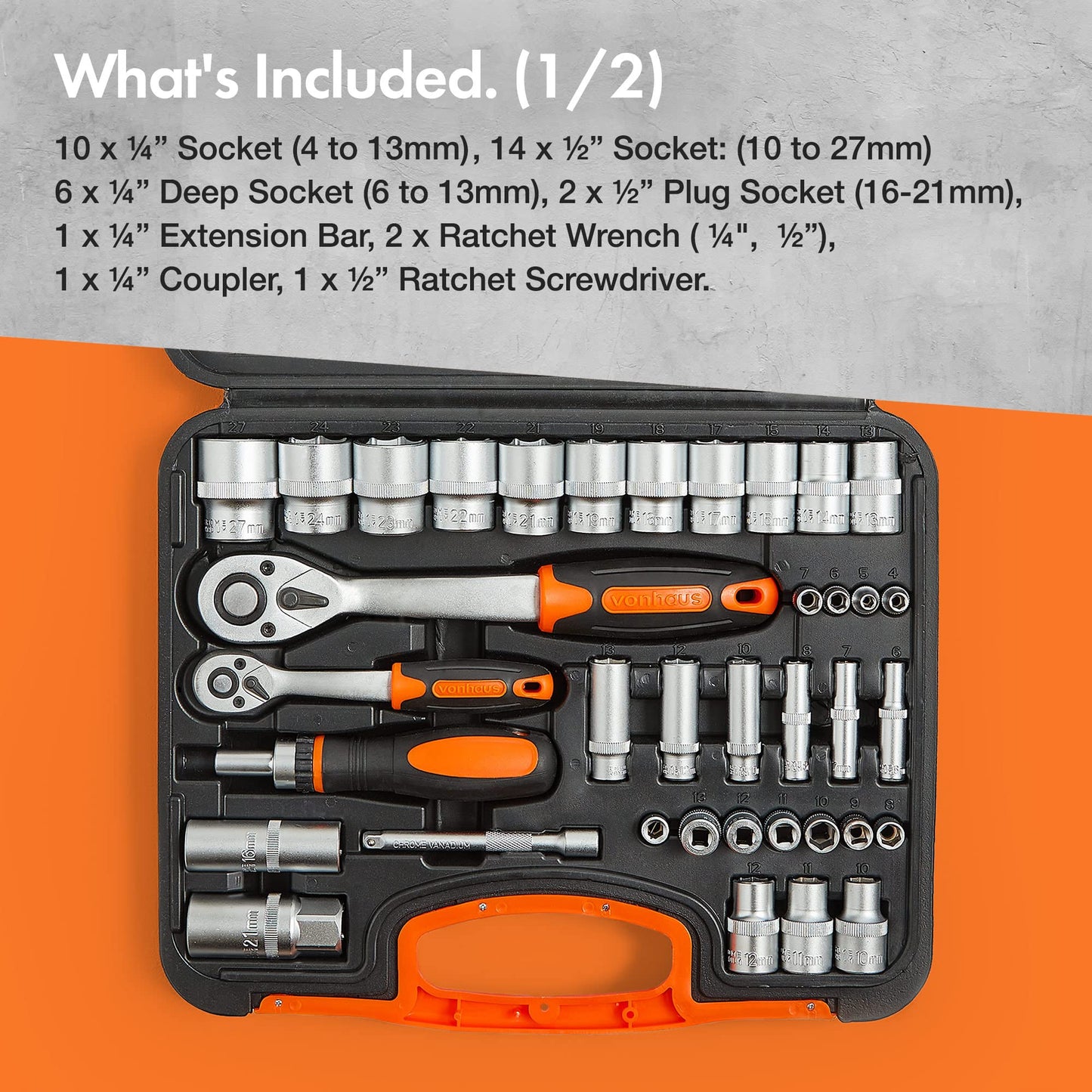 VonHaus 104-Piece Socket Wrench Tool Set with Extension Bar, Coupler, Ratchet, and Spanners, Screwdriver Bits and Carry Case