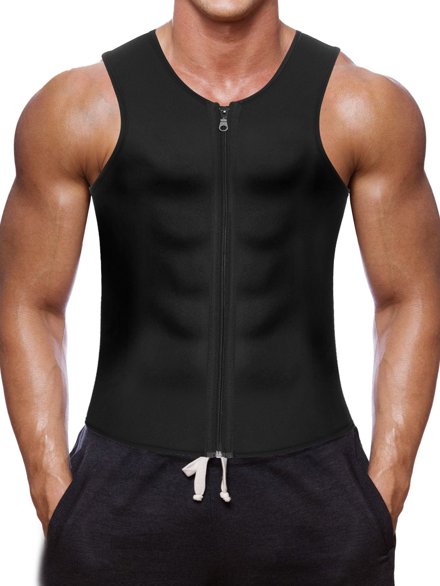 Wonderience Men Waist Trainer Vest Hot Neoprene Sauna Suit Corset Body Shaper Zipper Tank Top Workout Shirt(Black, Large)