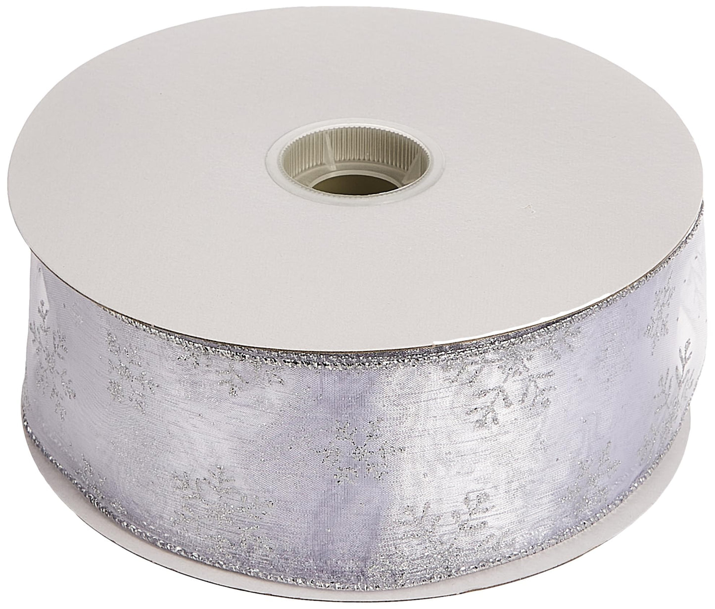 Morex Ribbon 7405.60/50-701 Snowflake 2.5" X 50 YD Nylon Sheer Wired Glitter Ribbon, White/Silver, Ribbon Art Supplies for Christmas Decorations, Indoor Christmas Ribbon for Gift Wrapping Art Set