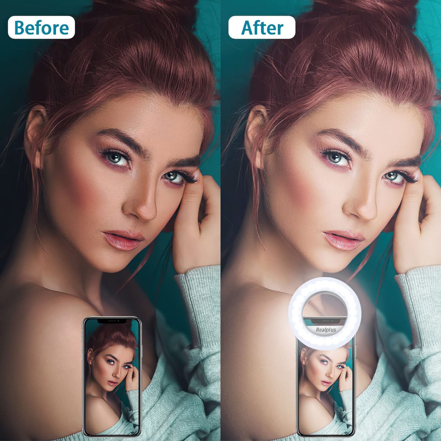 RealPlus Clip-on Selfie Ring Light [Rechargeable] with 40 LEDs and 3 Light Modes, Dimmable for Phone, Tablet, Laptop, Zoom Meeting, Makeup, Video