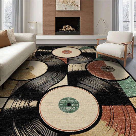 ODIKA 8'x10' Washable Area Rug - Vinyl Record Retro Music Brown Non-Slip Foldable Large Carpet for Living Room, Dining Room, King Size Bedroom, Flatwoven | Ref: 147071
