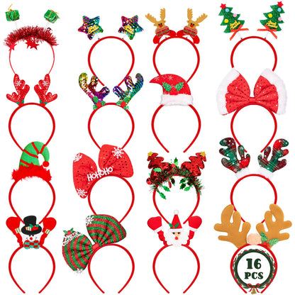 HOVACY 16 PCS Christmas Headbands, 16 Styles Red Xmas Headpieces, Cute Holiday Bow Tie Hair Bands, Felt Elf Hat Santa Hat Headwear for Christmas Party Supplies Accessories