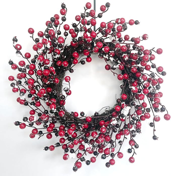 Red Berry Wreath, 20" Christmas Wreath with Red and Black Berry, Handmade Winter Wreath Christmas Wreaths for Front Door Home Indoor Outdoor Xmas Decor