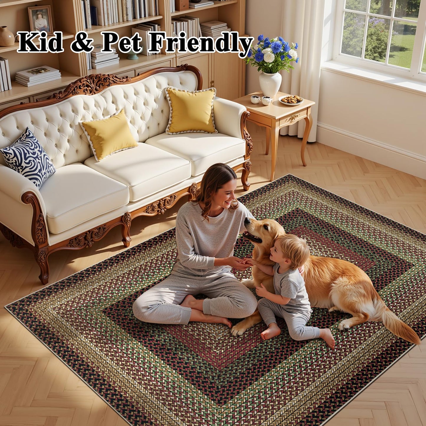 Ileading Faux Braided Area Rug 6'x9' Washable Farmhouse, No-Shed Non-Slip Woven Carpet, Pet Friendly Stain Resistant Jute Style Rug for Living Room Dining Bedroom Office