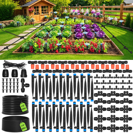 MIXC 300FT Drip Irrigation System Kit, Automatic Garden Misting Watering System with 100FT 1/2" & 200FT 1/4" Irrigation Tubing, Fitting, Adjustable Emitter for Greenhouse Lawn Raised Bed Potted Plant