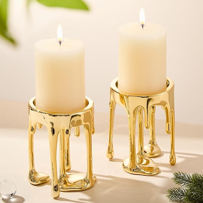 Decorative Candle Holders Set of 2 – Melting Drip Candle Stand for Pillar Candles – Sculptural Fireplace Decor, Gothic Table Centerpiece, Unique Home Accent(Gold, Set of 2)