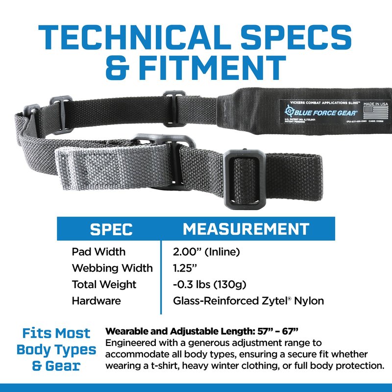 Blue Force Gear Vickers Padded Sling - 2-Point Tactical Rifle Sling - Nylon Hardware - Black