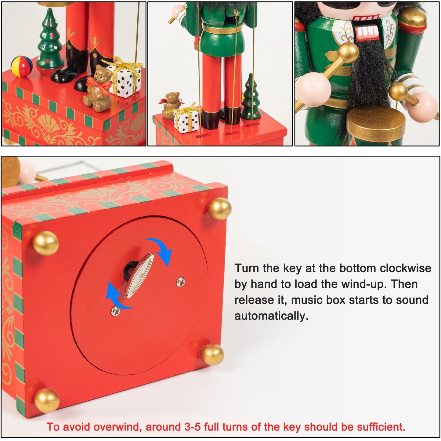 KI Store Christmas Nutcracker Green Music Box Wooden Drummer Soldier Nutcracker Figurine for Christmas Decorations Display Gift Collection