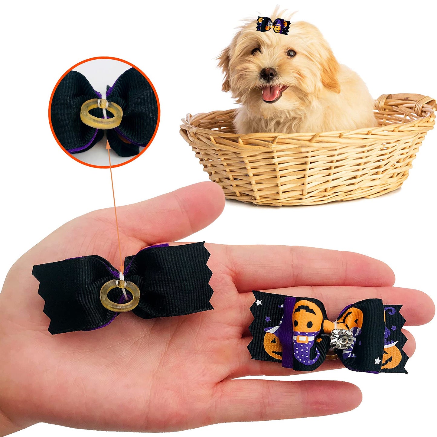 PET SHOW 50pcs Halloween Small Dog Hair Bows with Rubber Bands for Medium Dogs Holiday Bulk Puppies Cats Kittens Rabbits Topknot Grooming Costumes Hair Accessories