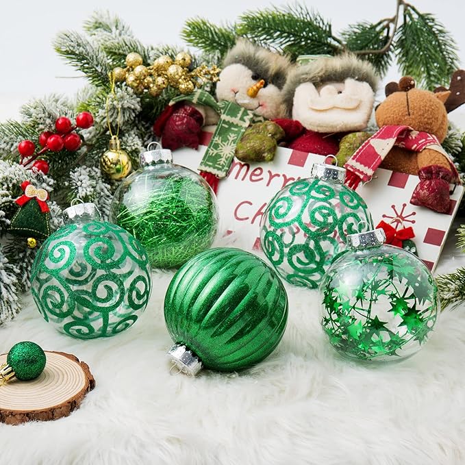 XmasExp 8ct Christmas Ball Ornaments Set -Large Clear Plastic Shatterproof Xmas Tree Ball Hanging Baubles Stuffed Delicate Glittering for Holiday Wedding Xmas Party Decoration (100mm/3.94",Green)