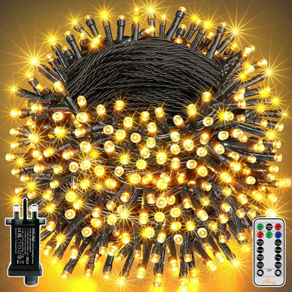 Ollny 20m 200 LED Outdoor Fairy Lights Mains Powered, Warm White Waterproof String Light with Plug/Remote/Modes/Timer, Bright Lighting Outside Indoor Garden Party Wedding Decorations