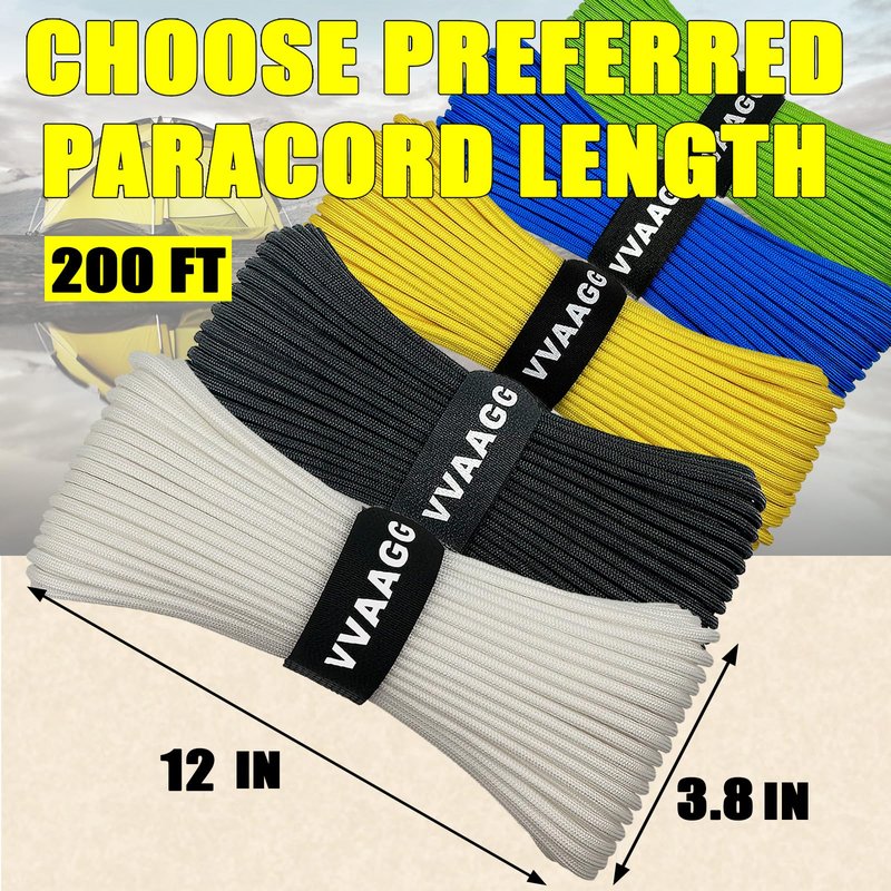 VVAAGG 1000 White Paracord 200FT Utility Parachute Cord 4mm Nylon String12 Strand Nylon Camping Rope, Tent Rope, Clothsline Rope for Survival & Camping Gear(White, 200FT)