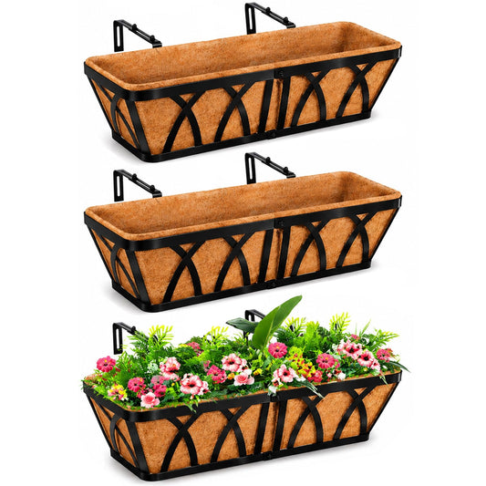 LCHUANG Deck Railing Planter Window Box - 3 Pack 24 Inch Deck Balcony Rail Planter with Coconut Coir Liner, Fence Metal Hanging Flower Planter Basket Deck Railing Planter Boxes for Outdoor Lawn