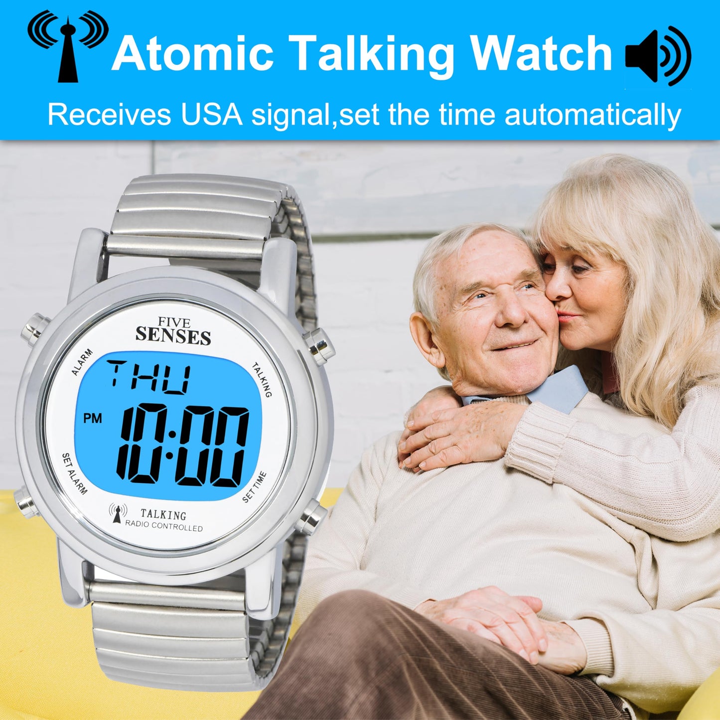 FIVE SENSES Atomic! Talking Watch - Sets Itself Senses Metal Easy-to-Read Talking Watch (Silver)