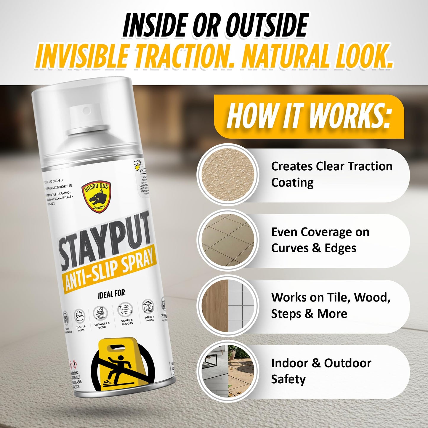 StayPut Anti-Slip Spray 15.2 fl oz (1-pack), Clear Invisible Traction Coating for Tile, Wood, Concrete, Fast-Drying Non-Slip Coating for Shower Floor, Steps, Decks, Pool Areas, Indoor, Outdoor Use (80–120 sq ft Coverage)