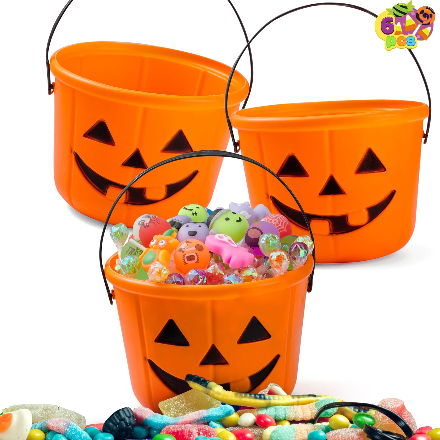 JOYIN 6PCS Halloween Trick or Treat Pumpkin Bucket, Jack O Lantern Candy Basket and Buckets for Trick or Treating, Orange Halloween Pails with Handle for Kids Party Favors Supplies Props