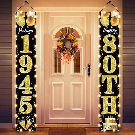 80th Birthday Party Banner Lighted Decorations for Men Women - Black Gold Vintage 1945 80th Birthday Door Banners with LED Light, Eighty Years Bday Party Supplies for Indoor Outdoor Decor