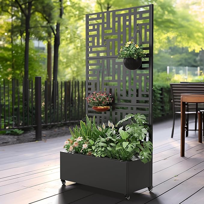Casaphoria Metal Raised Garden Bed with Trellis and Wheels, 72"x35"x16" Planter Box for Climbing Plants, Vegetables & Vines, Features Drainage Holes and Privacy Screen (Black-Helen)