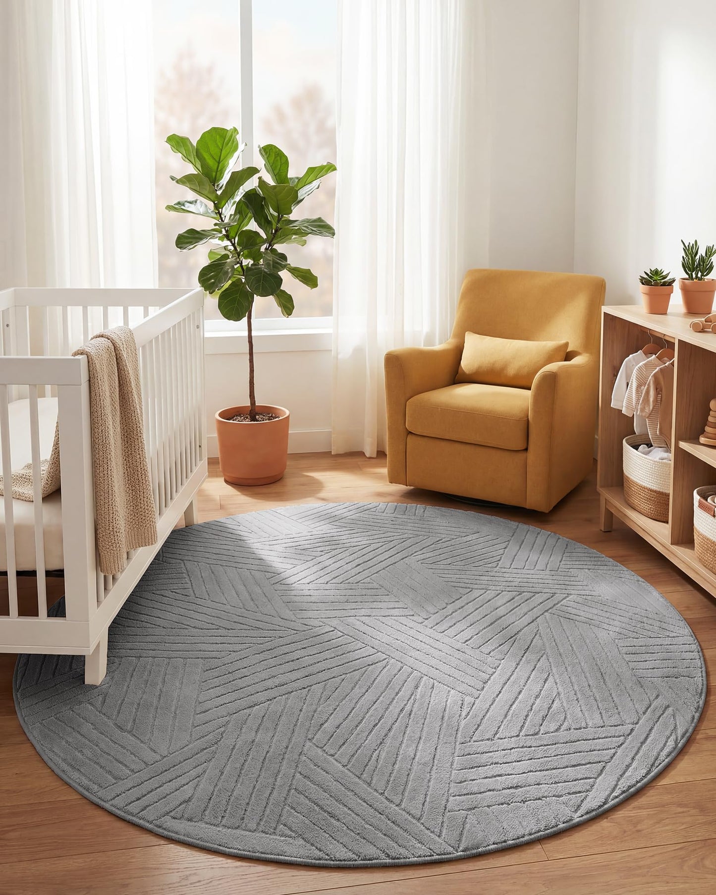 Carvapet 5.2ft Round Area Rug - Light Grey High Low Pile Modern Floor Carpet, Washable Plush 3D Texture Circle Mat with Skid-Resistant Rubber Backing for Living Room Nursery