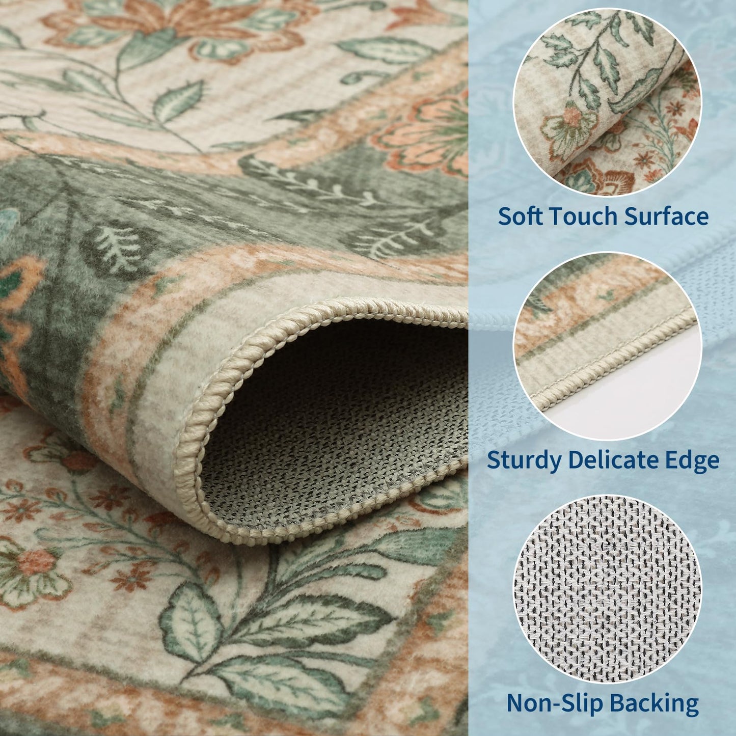 GarveeHome 5x7 Area Rug Sage Green Washable Rugs for Living Room Bedroom, Soft Low Pile Non Slip French Country Floor Mat Botanical Floral Print Throw Rug Indoor Carpet Dining Room Playroom