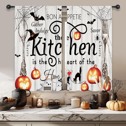 Riyidecor Halloween Rustic Farmhouse Kitchen Curtains Short Small Ghost Pumpkin Bat Spider Web Fork Spoon Rod Pocket Wood Plank Board Cool Bedroom Living Room Treatment Fabric 2 Panels 27.5Wx39H Inch