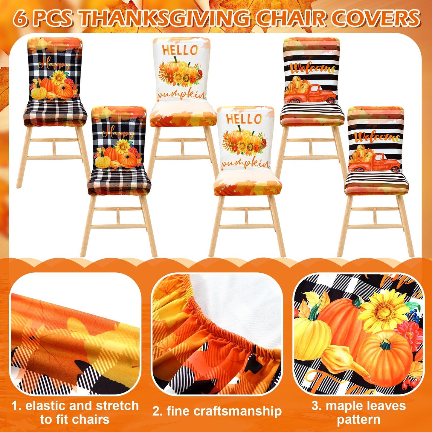 Preboun Fall Chair Covers Set of 6 Thanksgiving Dining Protector Stretch Autumn Pumpkin Truck Maple Leaves Slipcovers Removable Washable for Dining Hotel Party Wedding