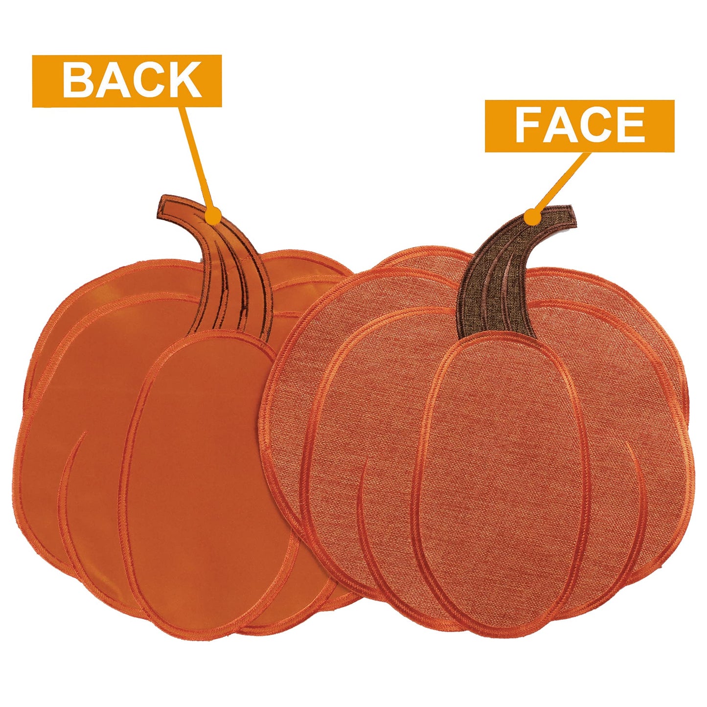 OWENIE Thanksgiving Harvest Pumpkin Placemats 15 x 15 Inch, Set of 4, Embroidered Diecut Place mats, Fall Autumn Home Decorations, Orange Table Mats for Halloween Kitchen Dinning Room, 15 Inch Round