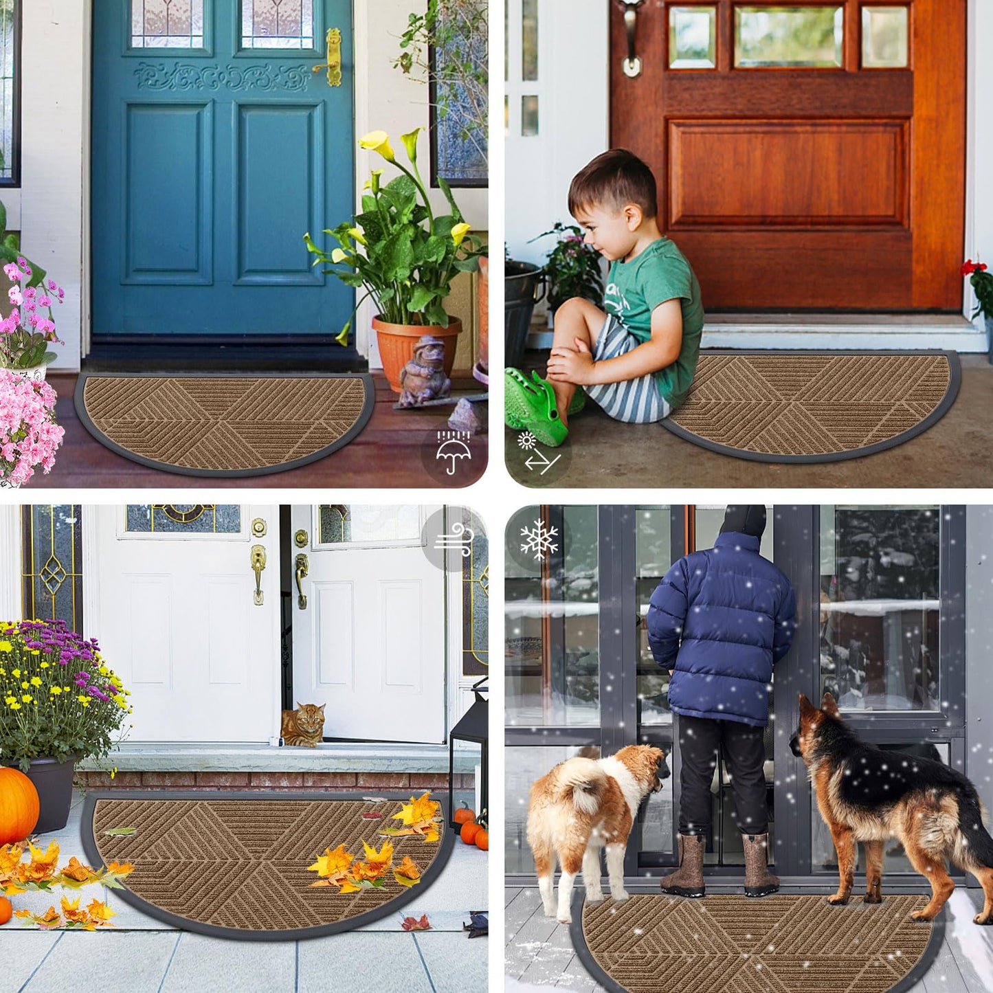 Smiry Half Circle Front Door Mat Outside Entrance, Heavy Duty Sturdy Natural Rubber Doormat, Trap Dirt and Moisture, Low Profile Mats for Indoor Outdoor Entry, Irregular Triangle (29.5x17, Brown)