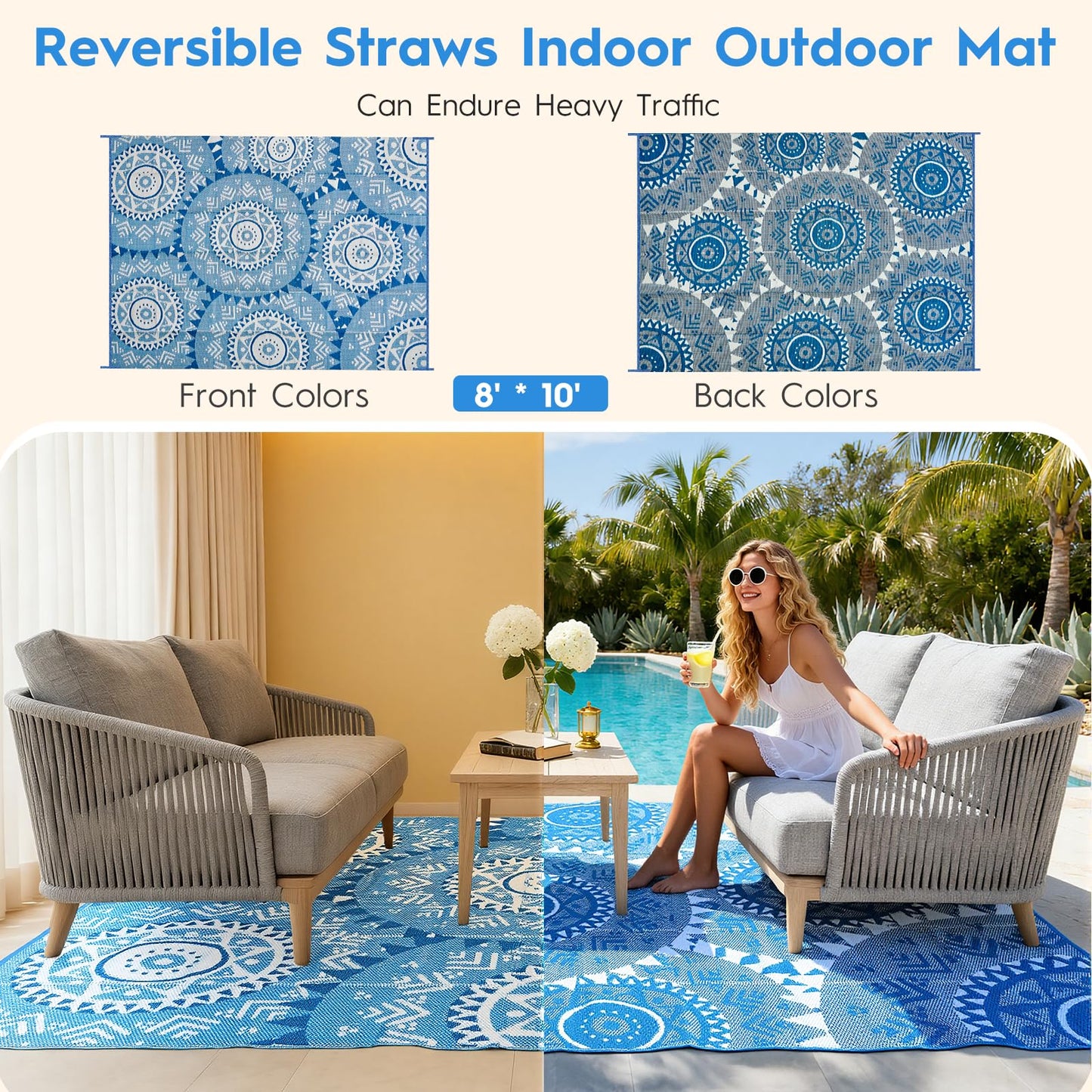 Alfolo Waterproof Outdoor Rug 8'x10'Plastic Straw Reversible Boho Blue & White Lightweight Patio Rug for Deck,Backyard,RV Camping,Poolside, Stain & UV Resistant Fade Proof Portable Outdoor Carpet