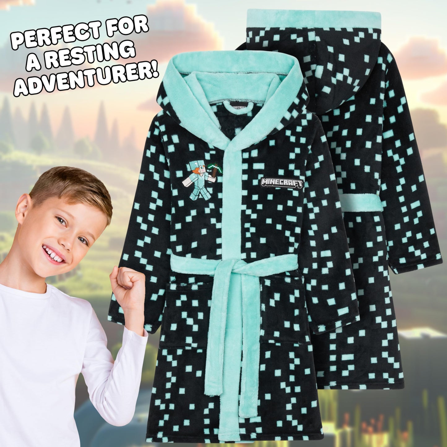 Minecraft Dressing Gown for Boys Fleece Hooded Bathrobe with Pockets Creeper Loungewear Nightwear Teens Gamer Gifts for Boys (9-10 Years, Teal)