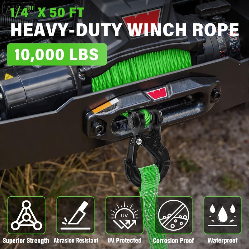 HOKINETY Synthetic Winch Rope Kit - 1/4" x 50' 10000 lbs Kinetic Recovery Cable for ATV UTV Off-Road Vehicles with Forged Hook, Rubber Stopper, Protective Sleeve and Safety Pull Strap - Green