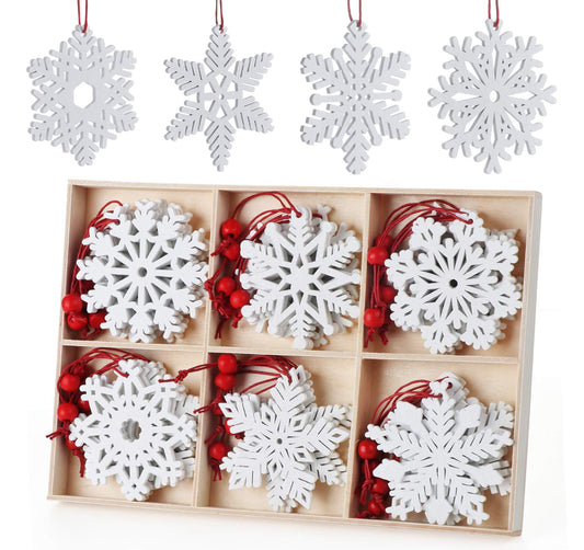 30 Pcs White Wooden Snowflakes Ornaments,10 Style 2.75 Inch Christmas Ornament Wood Snowflake for Craft Hanging Decoration with Twine, Snowflake Ornaments DIY Crafts for Xmas Tree Winter Home Decor