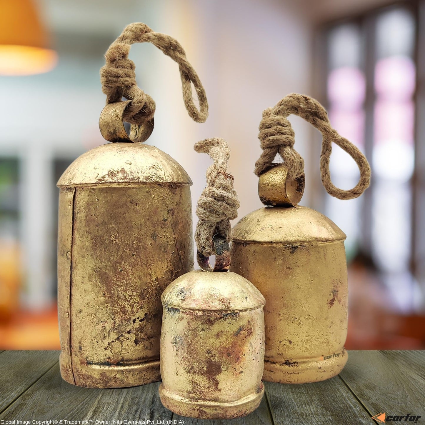 Carfar Handicrafts Vintage Rustic Metal Harmony Cow Bells Set of 3 Huge Rustic Christmas Handmade Bells On Jute Rope