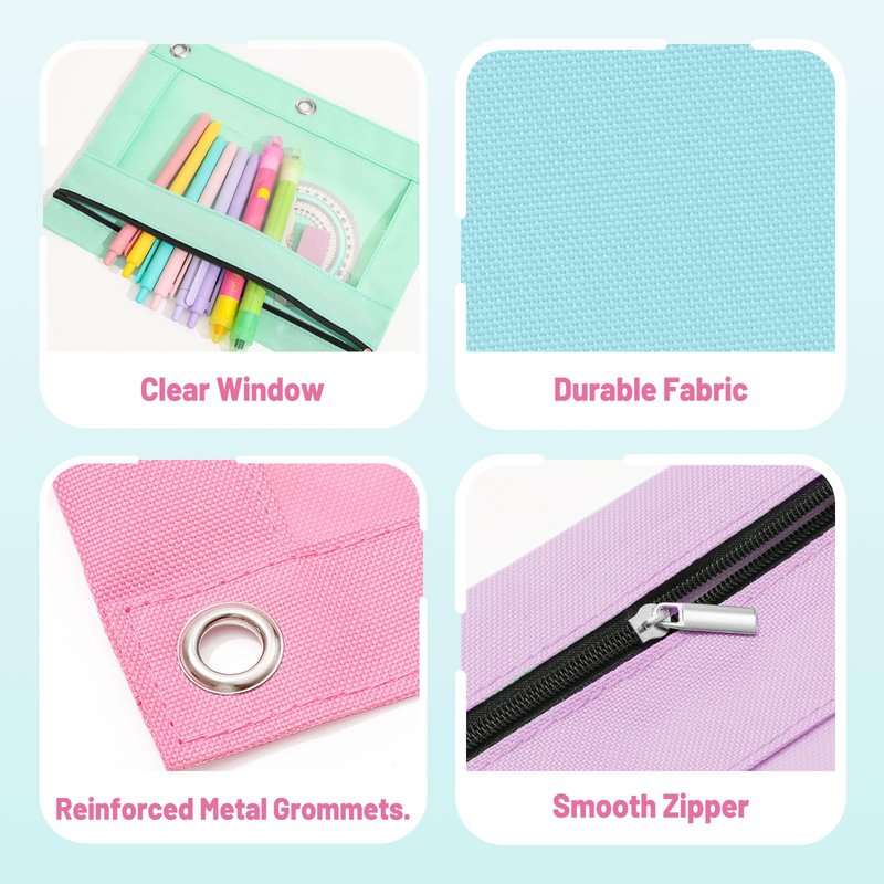 SUNEE Pencil Pouch for 3 Ring Binder, Large Zipper Pencil Case with Clear Window, 3 Reinforced Grommets, Binder Accessories for School and Office Supplies Storage, Red
