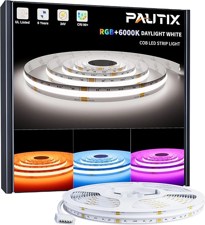 PAUTIX RGBW 6000K COB LED Strip Light 24ft/7.5m,UL Listed 24V Color Changing Tape Lights with 896LEDs/m Multicolor Flexible for TV,Bedroom,Party DIY Decoration(Power Supply & Controller Not Included)