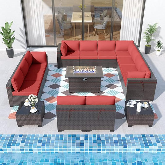 ALAULM 15 Pieces Outdoor Patio Furniture Set with Propane Fire Pit Table Outdoor Sectional Sofa Sets Patio Furniture 43" Gas Fire Pit Brown PE Rattan Patio Conversation Set w/12 Cushions-Red
